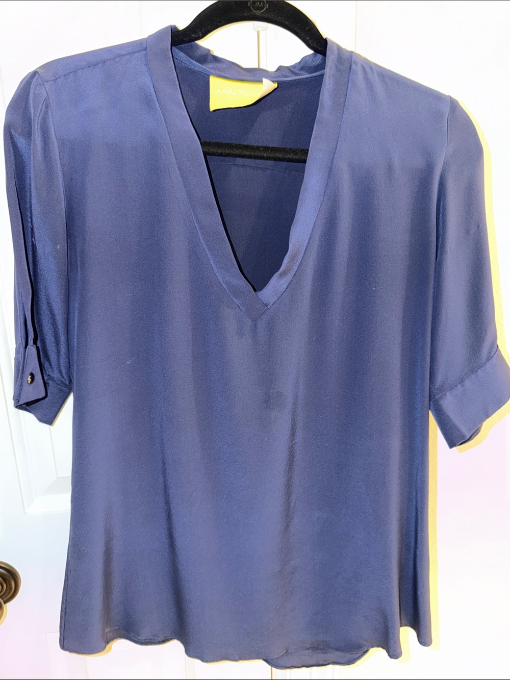 Aaron Ashe Navy Blue Silk V-Neck Short Sleeve Blouse
